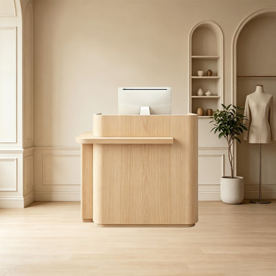 Space-Saving Reception Desk and Front Desk with Secure Lockable Storage and Quiet Slide System, Arc-Shaped Edge for Safety, Versatile Use in Boutiques, Clinics, or Event Booths