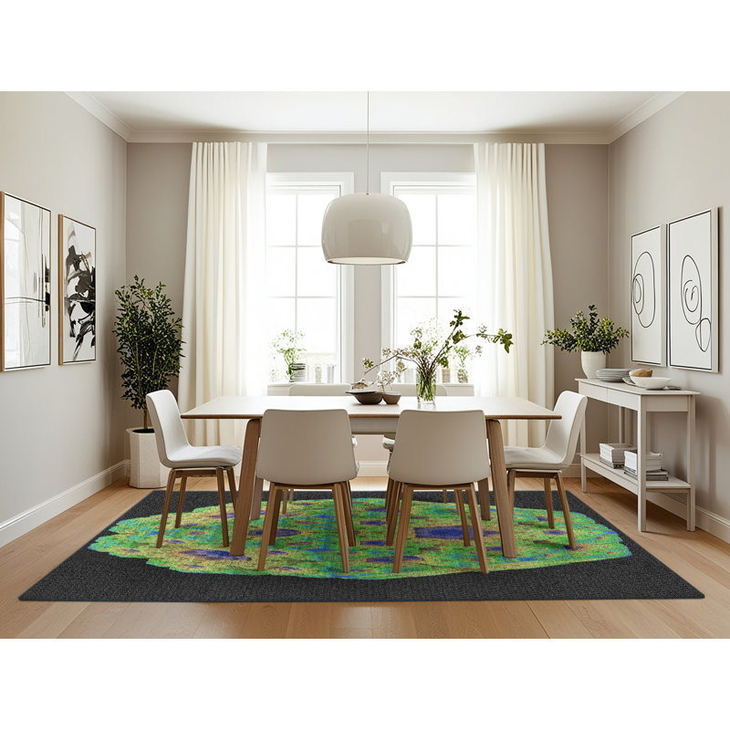 Tapis vert/bleu/noir de zone à motifs, Rectangle 7 pi x 10 pi