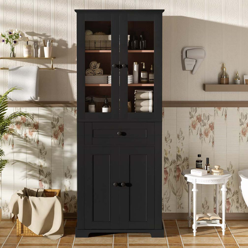 67.2" Tall Bathroom Storage Cabinet with Tempered Glass Doors, Adjustable Shelves & Drawer, Black