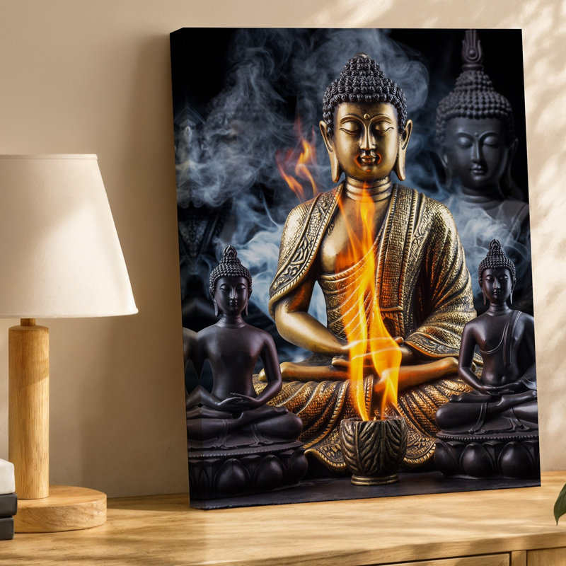 Toile, une scène sereine mettant en vedette une figure centrale de Bouddha assise dans un art mural, une méditation ornée de robes dorées complexes