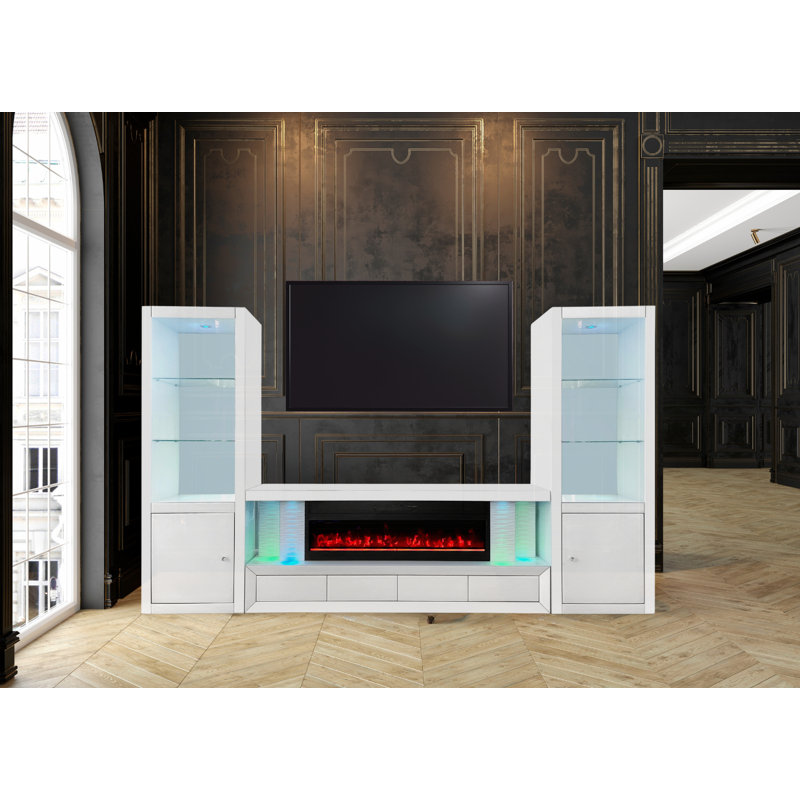 Centre de divertissement haute brillance / foyer électrique avec tiroirs, lumières à DEL RVB, haut-parleur Bluetooth, télécommande - aucun assemblage requis