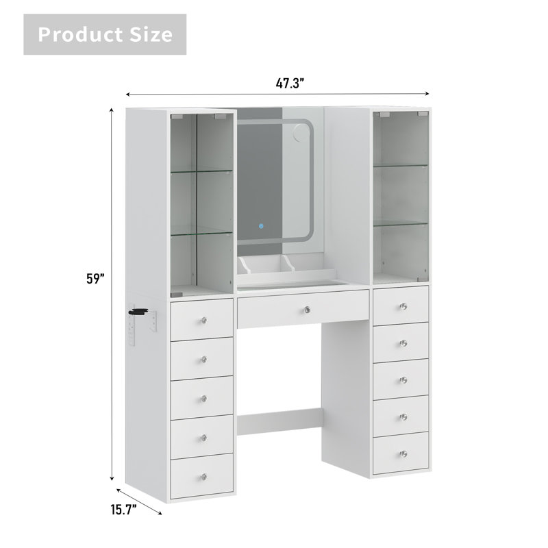 11 Drawers Makeup Vanity With Charging Station, Vanity Desk With LED Mirror & 2 Glass Cabinet, 3 Color Modes, Brightness Adjustable, Vanity Set With Glass Top , Makeup Table With Chair For Bedroom