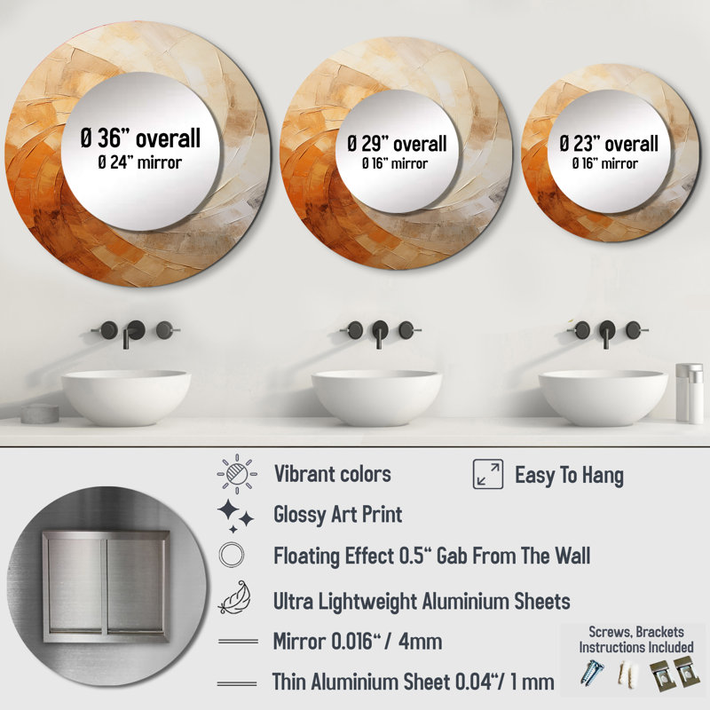 Beige Minimalism Spiral Poteries II - Abstract Spirals Decorative Wall Mirror, Beige Large Round Mirror, Printed Metal Art