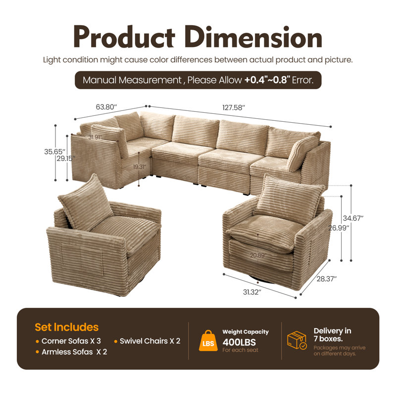Hogle 7-Piece Plush Corduroy Modular L-Shape Sectional Sofa Set With Swivel Chairs, Modern Living Room Furniture Set, Beige