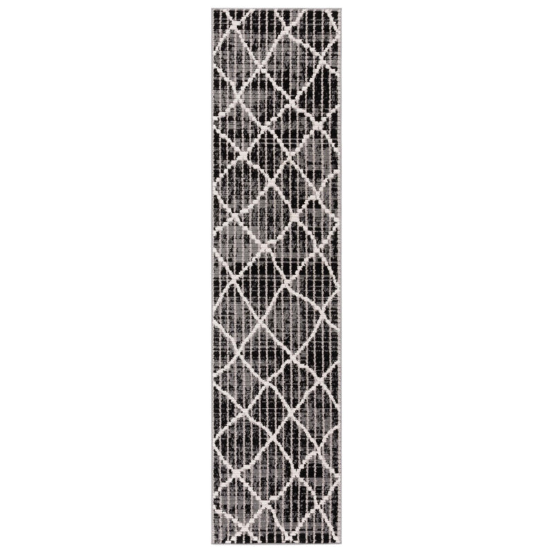 Rectangle Elane Geometric Power Loomed Polyester Area Rug in Charcoal/Ivory/Gray, Runner 2' x 8'