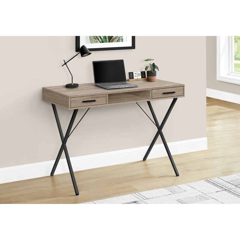 Table de travail taupe pour la maison - 42 po de longueur, pieds en métal, 2 tiroirs et table d'ordinateur de bureau ouverte l 42 po, stratifié foncé, structure noire,