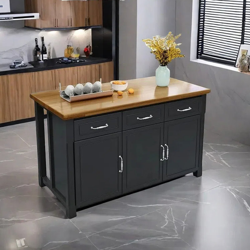 62.99" Solid Wood Kitchen Island, Black