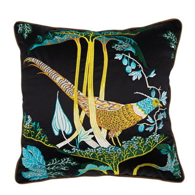 Embroidered Bird Silk Throw Pillow Cover