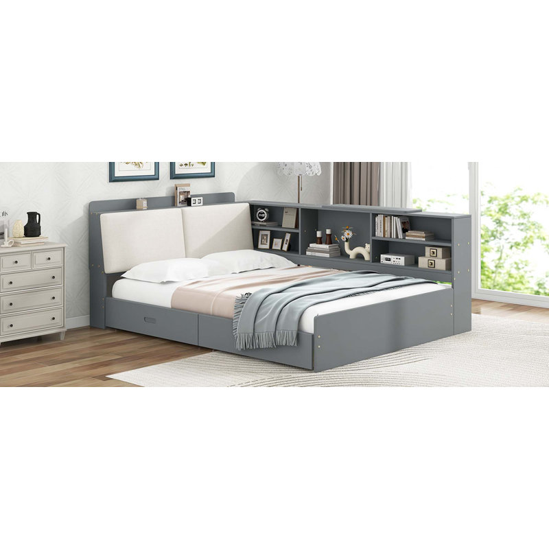 Lit plateforme en bois avec tête de lit, tablettes et 2 tiroirs, Gris