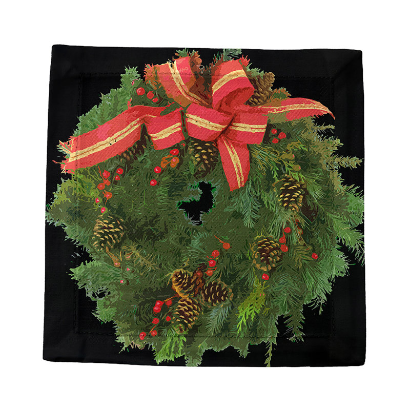 Christmas Wreath Cotton Sateen Cocktail Napkins, Black