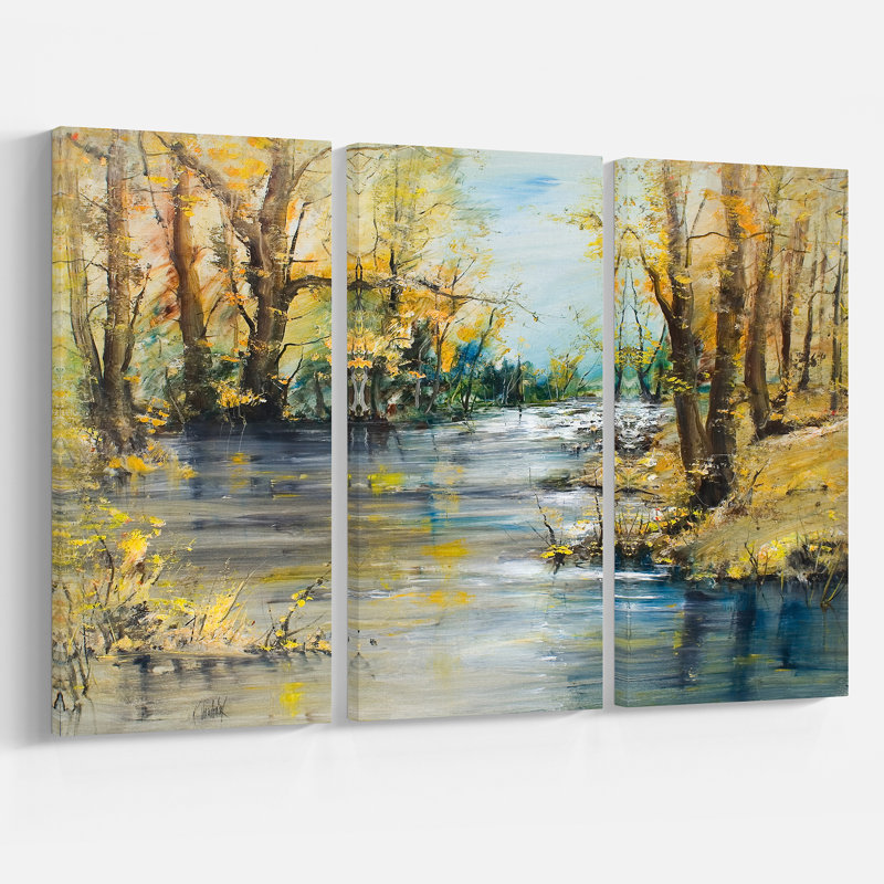 «Autumn Forest River», reproduction de peinture à l'huile à multiples images sur toile tendue