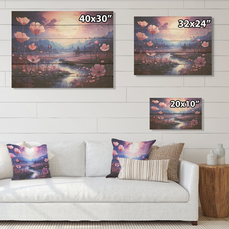 Charmant coucher de soleil magique pré de fleurs - Art mural en bois sur bois de pin naturel, H 10 po x l 20 po