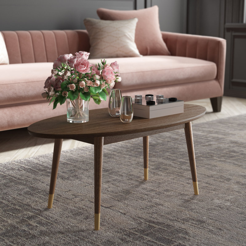 Clemintine Elle Decor Mid-Century Modern Oval Coffee Table with Brass Accents, Walnut