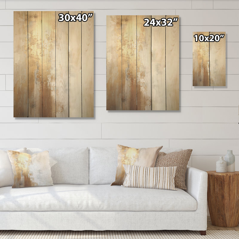 Art abstrait minimaliste en or et beige sur la rivière IV - aurores boréales sur bois de pin naturel, H 40 po x l 30 po
