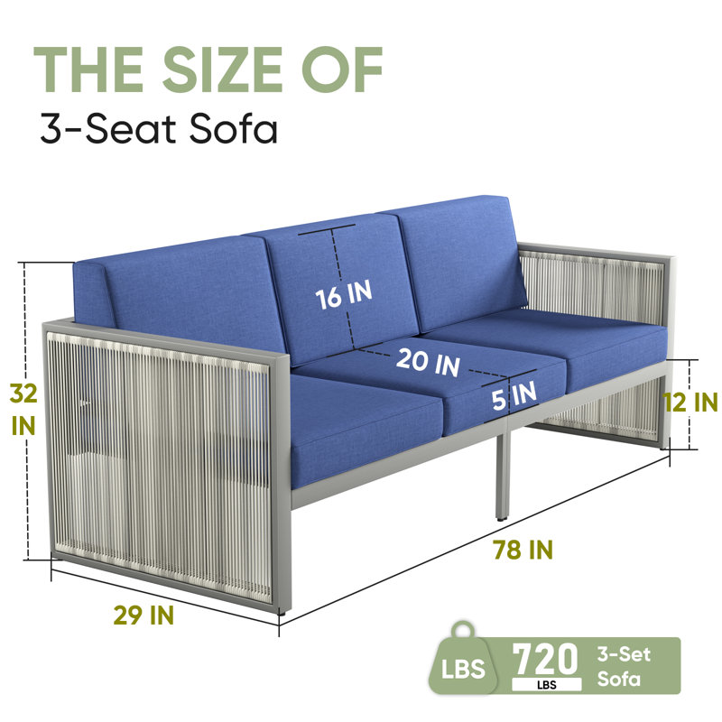 Ezell 3-Seat Outdoor Sofa, Weatherproof PE Rattan & Thick Cushions For Patio, Garden, Blue