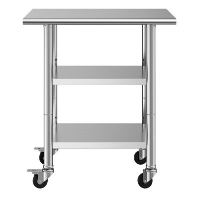 Table de travail en acier inoxydable, table de préparation des aliments de 24 po x 30 po avec 2 tablettes et roulettes, poste de travail de cuisine commerciale, table de travail en métal robuste pour l'extérieur