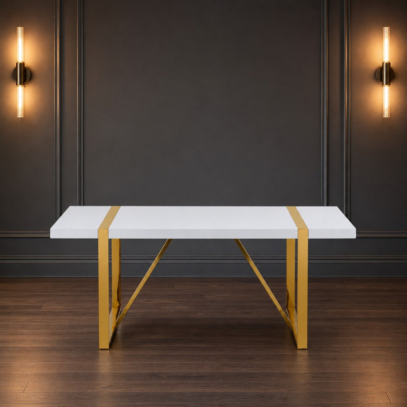 Table de salle à manger rectangulaire en panneau de fibres à densité moyenne avec plateau de table très épais et robuste, pieds en métal durables, table multifonctionnelle