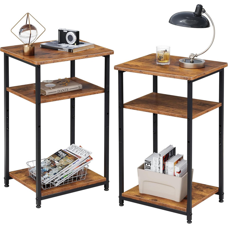 Small End Table Set Of 2, Narrow Side Table With 3-Tier Shelves, Rustic Brown