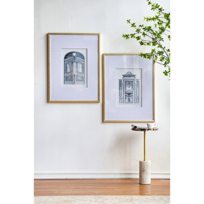 24" X 32" Pencil Architectual Wall Hangings, , Ornate Door Illustrations, Silver Plastic Embellishment Matter Of 2 Decorations With Architecture, Drawings,