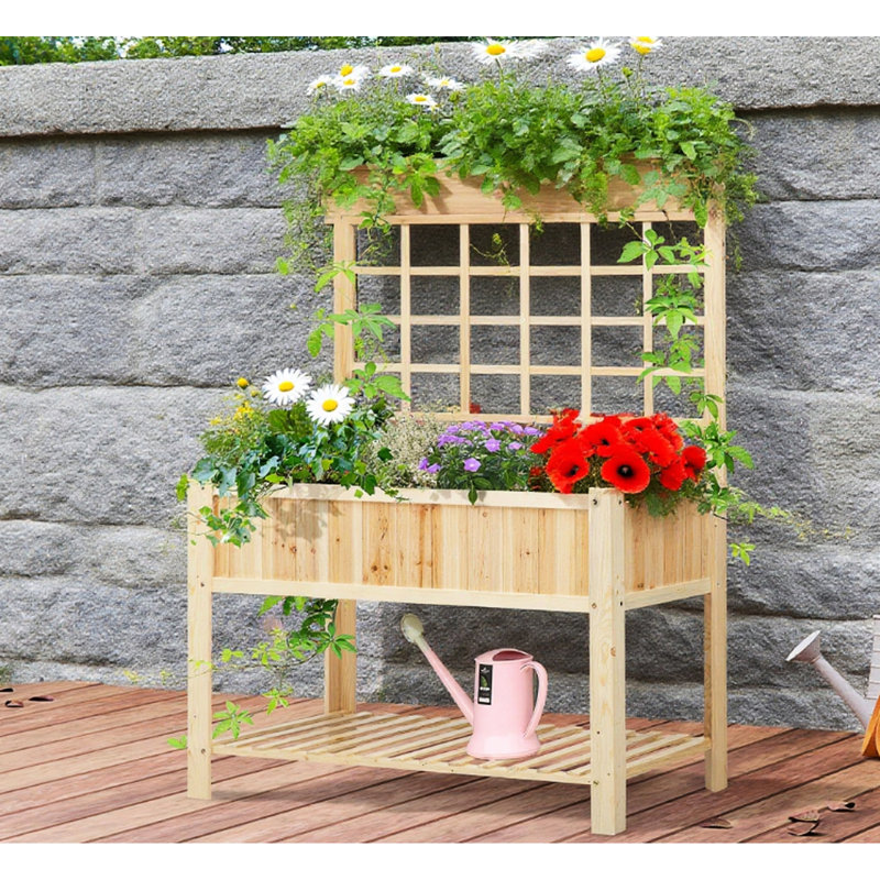 Rustic 2 - Tier Wooden Planter Box, Can Be Painted, Perfect For Balcony And Garden, 110Lbs Shelf Capacity Decorative Raised Bed With Design, Decorated Rattans, Suitable Growing Vegetables 330Lbs