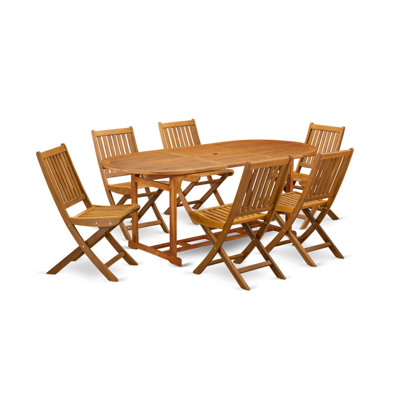Les ensembles de salle à manger d'extérieur 7 pièces se composent d'une table ovale en bois d'acacia et de 6 chaises d'appoint pliantes, 36 x 79 pouces, huile naturelle