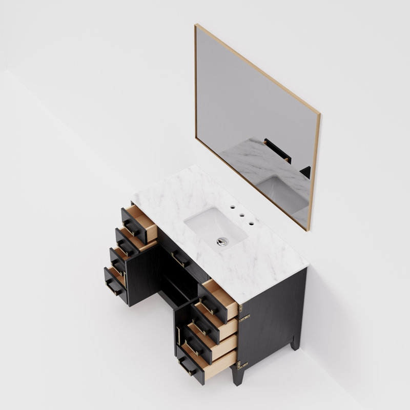 Miroir de salle de bain simple l 48 po x P 22 po Laurel, Chêne noir, Marbre de Carrare blanc