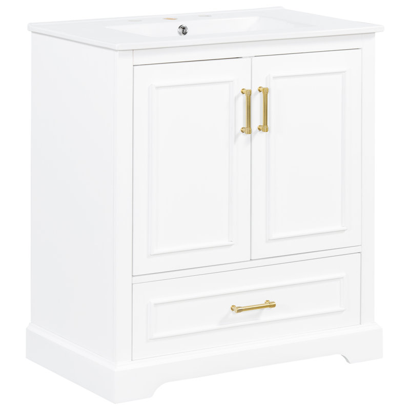 Meuble-lavabo autoportant de 30 po avec lavabo en céramique blanche, cloisons de tiroir, rangement à double porte, charnières à fermeture en douceur, poignées en alliage de zinc de style transitionnel de 30 po, fonction spacieuse, bois massif et