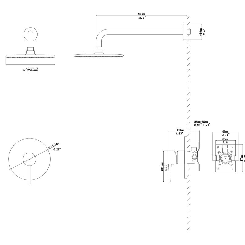 Pomme de douche en nickel brossé - pluie de 10 po, valve équilibrée, fixation murale, robinet facile à installer et à foudre, pomme de pluie,