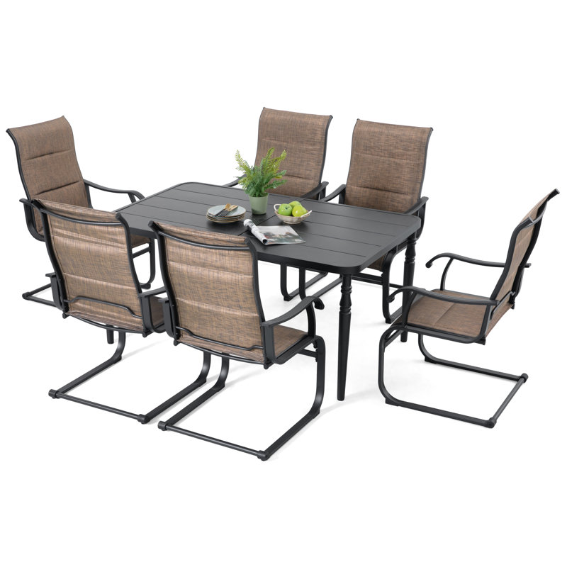 Ensemble de salle à manger de patio en polyester enduit de PVC 7 pièces, pieds de chaise à ressort en C et trou pour parasol