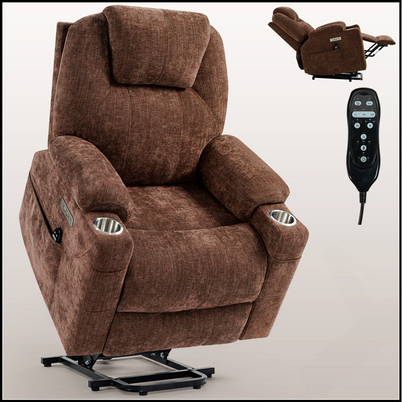 Heavy Duty Chenille Power Lift Recliner With 8-Point Vibration Massage, Lumbar Heating, USB And Type-C Ports, And Stainless Steel Cup Holders