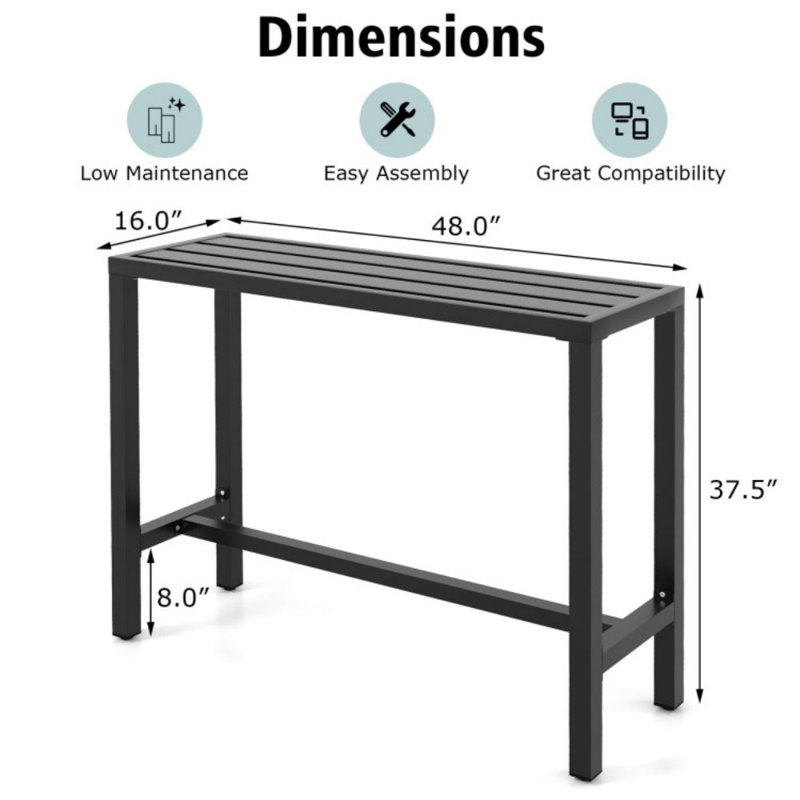 48 Inch Outdoor Bar Table With Waterproof Top And Heavy-Duty Metal Frame, 37.5" H x 48" W x 16" D
