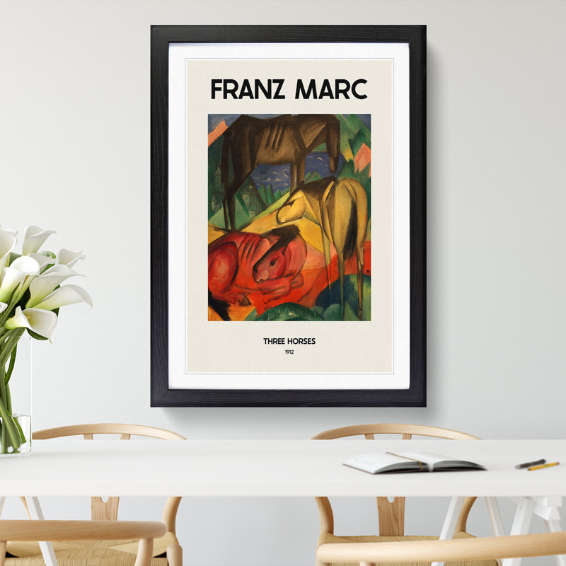 Three Horses by Franz Marc - Picture Frame Painting, 65cm H x 48cm W x 2cm D, Black Framed