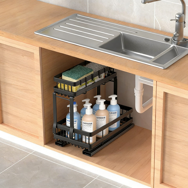 Organisateur sous l'évier, tablette coulissante à 2 niveaux avec rails d'amortissement, panier de rangement robuste en acier au carbone pour salle de bain, cuisine, armoire de salle de lavage
