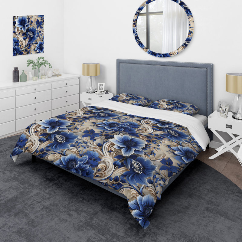 Ensemble de housse de couette à motif floral victorien bleu et blanc cobalt III