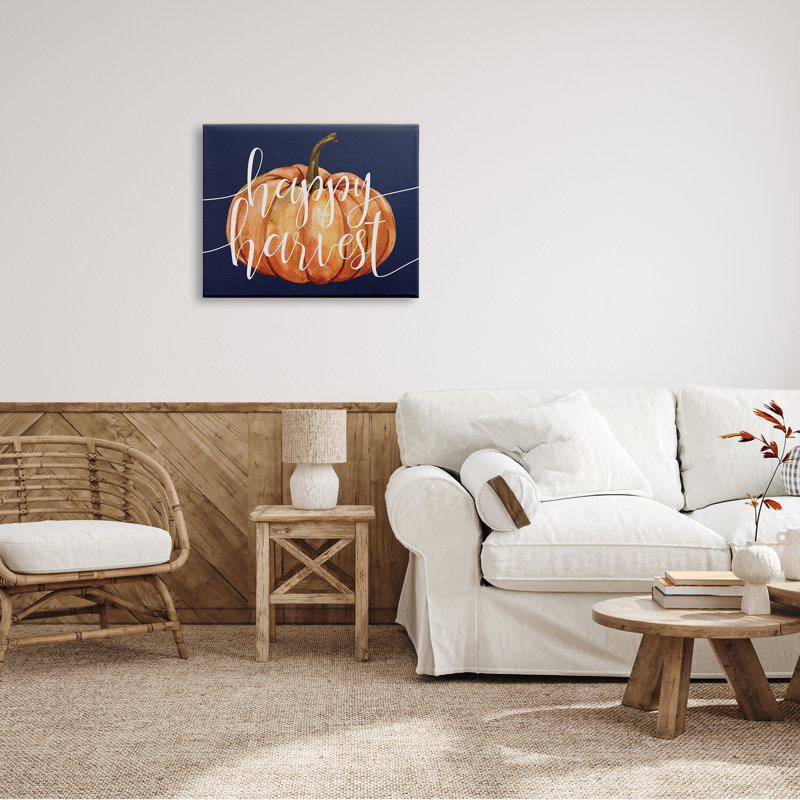 «Happy Harvest Expression Orange Pumpkin Over Blue» par - Art textuel, H 24 po x l 30 po, Plaque murale