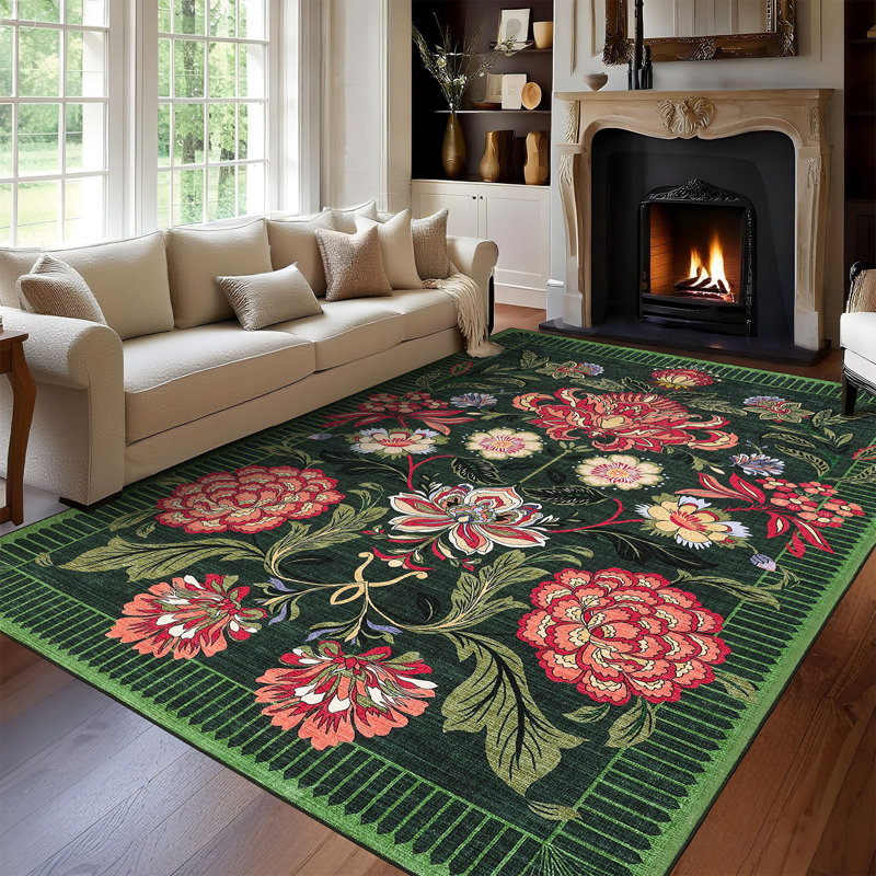 Tapis lavable rétro Vintage Boho Rugs, Vert, Rectangle 9 pi x 12 pi