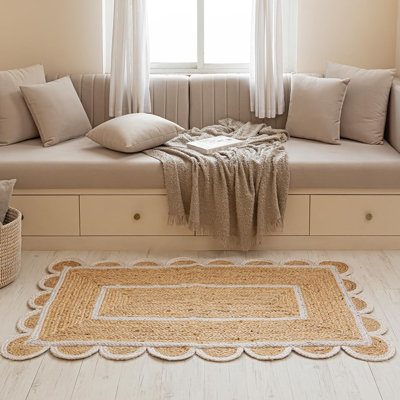 Tapis de jute festonné en jute naturelle naturelle de 3 pi x 5 pi, tapis tissé à la main pour la chambre à coucher, le salon, l'entrée et la cuisine