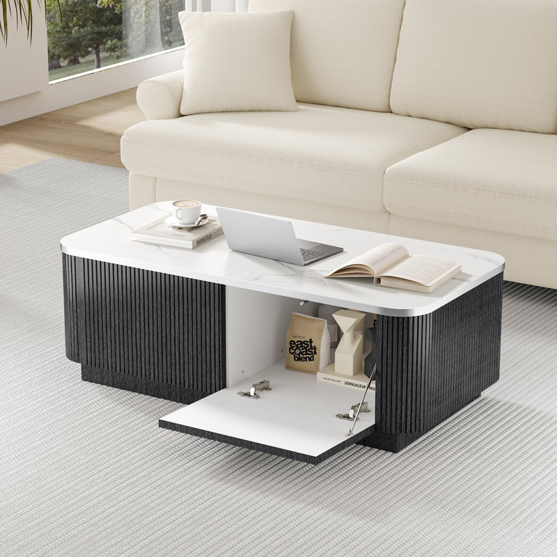 Coffee Table, Stone‑Effect Marble Top with Hidden Storage, Black