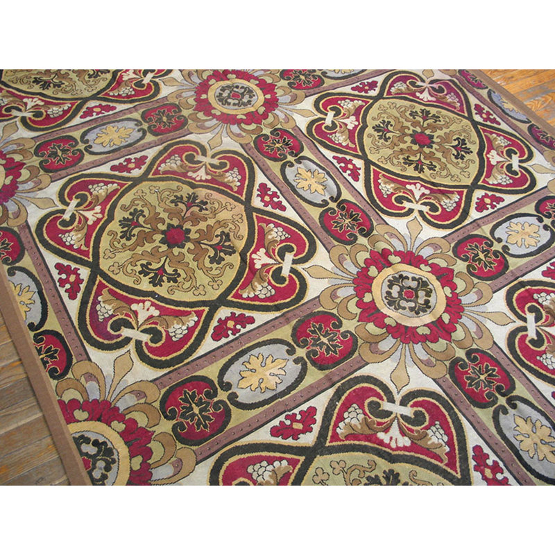 Ivory Cream Color European Floral Design Antique English Needlepoint Carpet