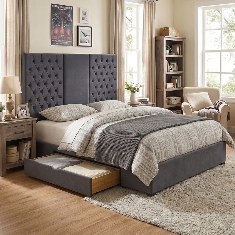Contemporary Glam Extra-Tall Tufted Upholstered Velvet Platform Bed with Storage Drawers, King, Gray , King, Gray