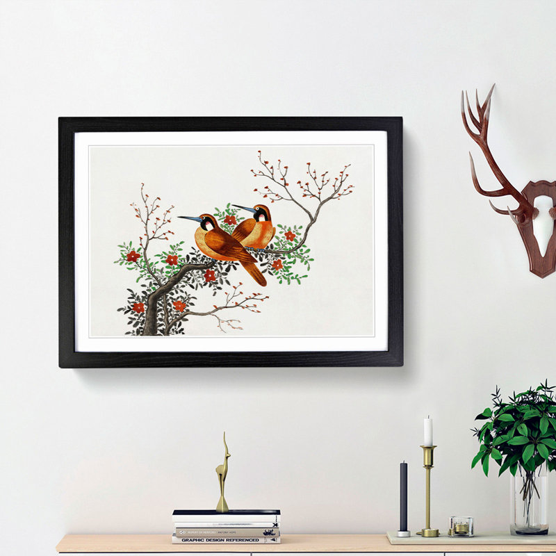 Two Birds on a Flowering Tree - Framed Print, 27cm H x 36cm W x 2cm D, Black Framed