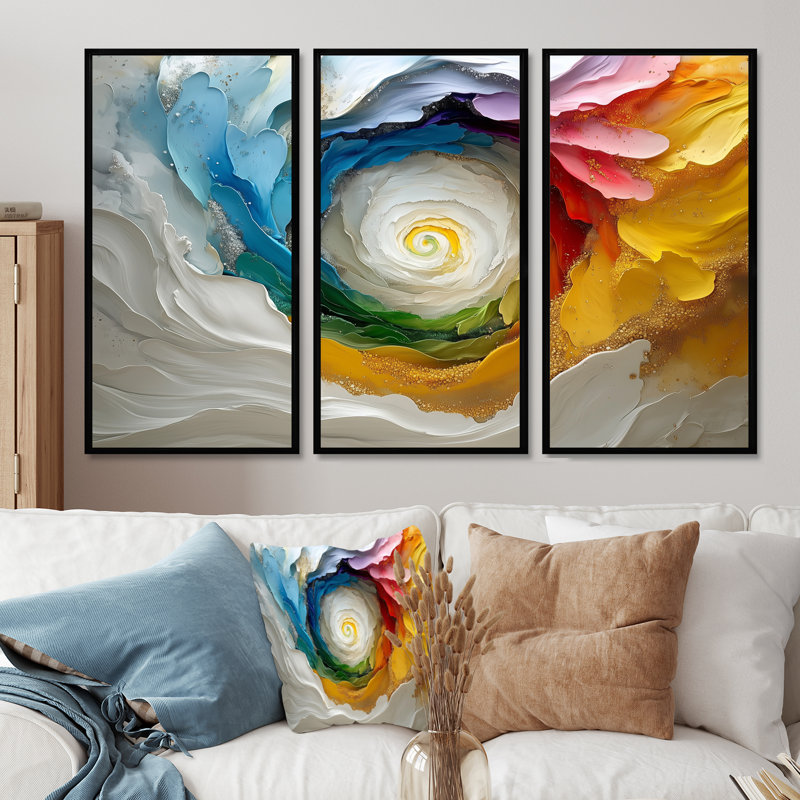 Blanc et couleurs Vortex Of Life II - Ensemble de décorations murales spirales abstraites, Toile avec cadre flottant noir