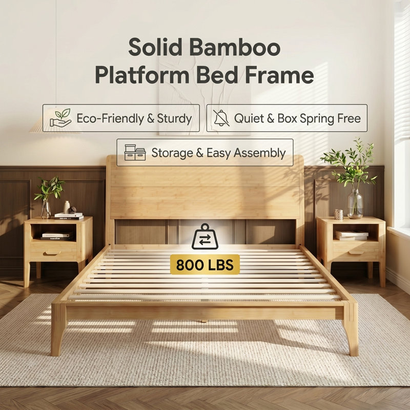 Mid-Century Modern 12 Inch Bamboo Wood Platform Bed with Wood Slat Support, No Box Spring Needed, Easy Assembly, Natural