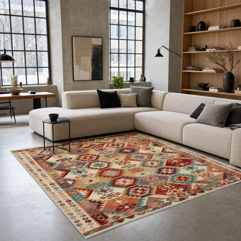 Oriental Cotton and Chenille Flatweave Area Rug, 200 cm round