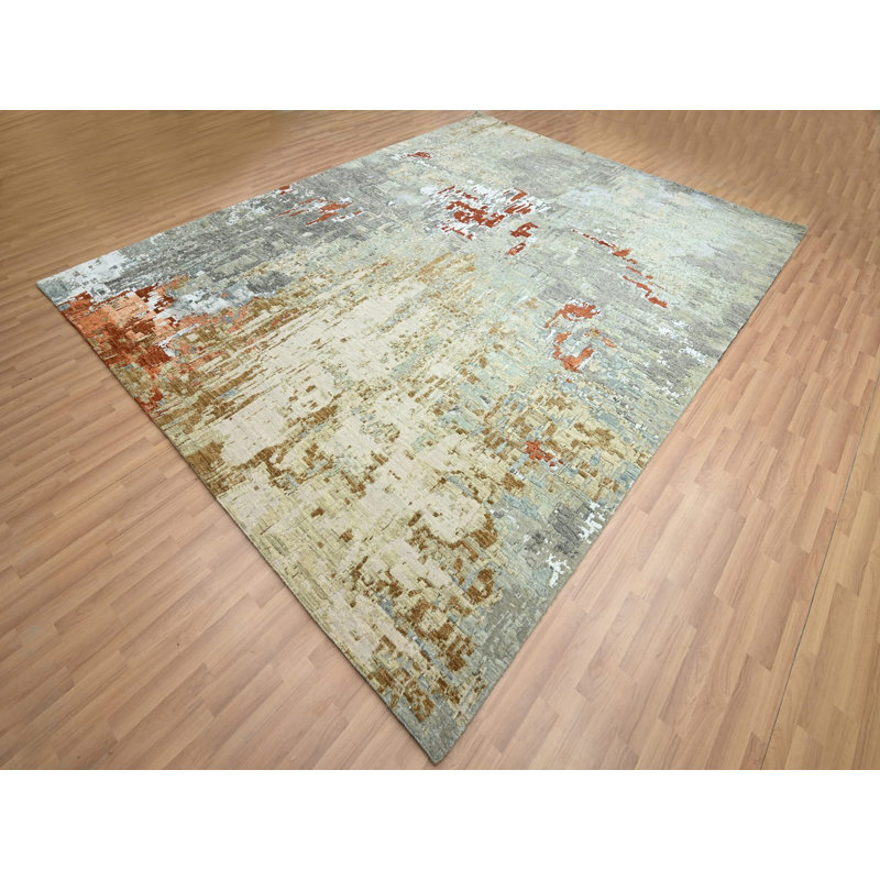 Tapis oriental rectangulaire gris en laine noué à la main 9 pi 0 po x 11 pi 9 po - MOA10283143