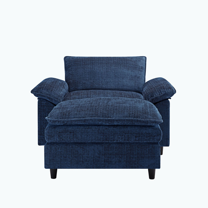 Chenille Upholstered Oversized  Armchair with Ottoman, Blue Chenille