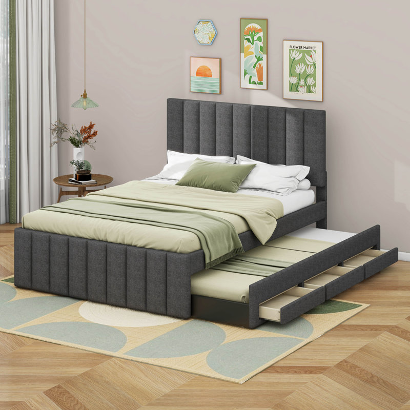 Lit plateforme tapissier double avec lit gigogne simple et 3 tiroirs Edie, Gris