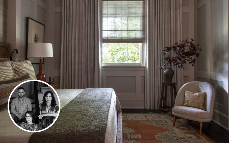 Bedroom interior with bed, chair, patterned rug, and portrait overlay.