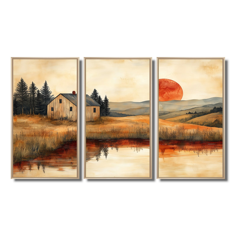 Orange And Black Farm Landscape Earthy Elegance - Farmhouse Wall Decor Set, Natural Floater Framed Canvas
