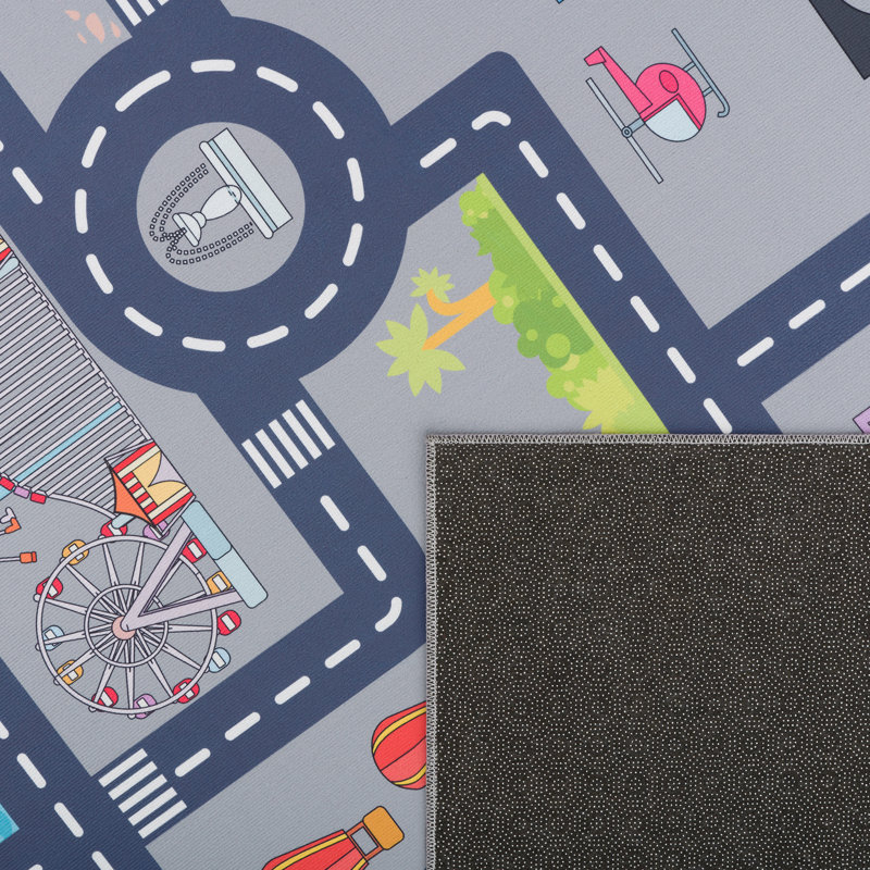 Orla Kids Nursery Street Car Motif Power Loom Grey/Green/Yellow Rug, Rectangle 200 x 290cm